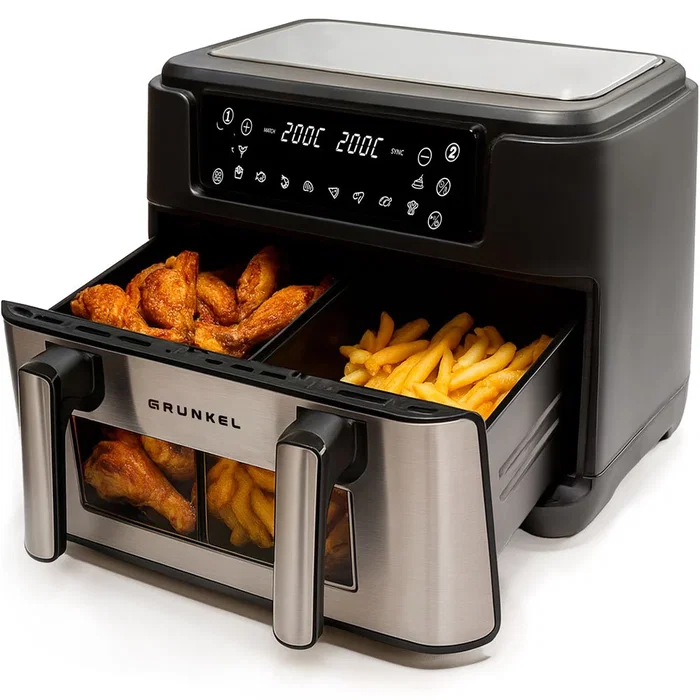 Grunkel DualFlexiFryer Freidora de Aire Dual 10L (2x5L o 7L+3L) 2800W, 10 Programas Automáticos, Pantalla Táctil, Negro