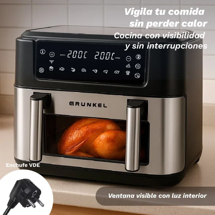 Grunkel DualFlexiFryer Freidora de Aire Dual 10L (2x5L o 7L+3L) 2800W, 10 Programas Automáticos, Pantalla Táctil, Negro