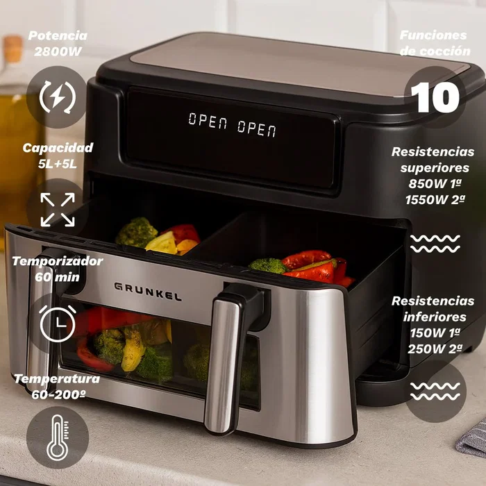 Grunkel DualFlexiFryer Freidora de Aire Dual 10L (2x5L o 7L+3L) 2800W, 10 Programas Automáticos, Pantalla Táctil, Negro