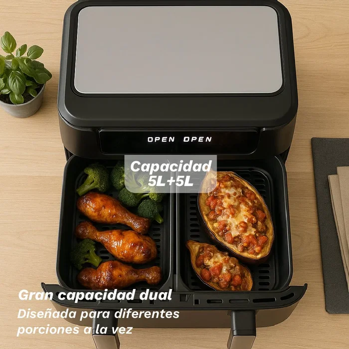 Grunkel DualFlexiFryer Freidora de Aire Dual 10L (2x5L o 7L+3L) 2800W, 10 Programas Automáticos, Pantalla Táctil, Negro