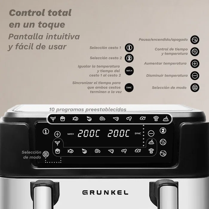 Grunkel DualFlexiFryer Freidora de Aire Dual 10L (2x5L o 7L+3L) 2800W, 10 Programas Automáticos, Pantalla Táctil, Negro
