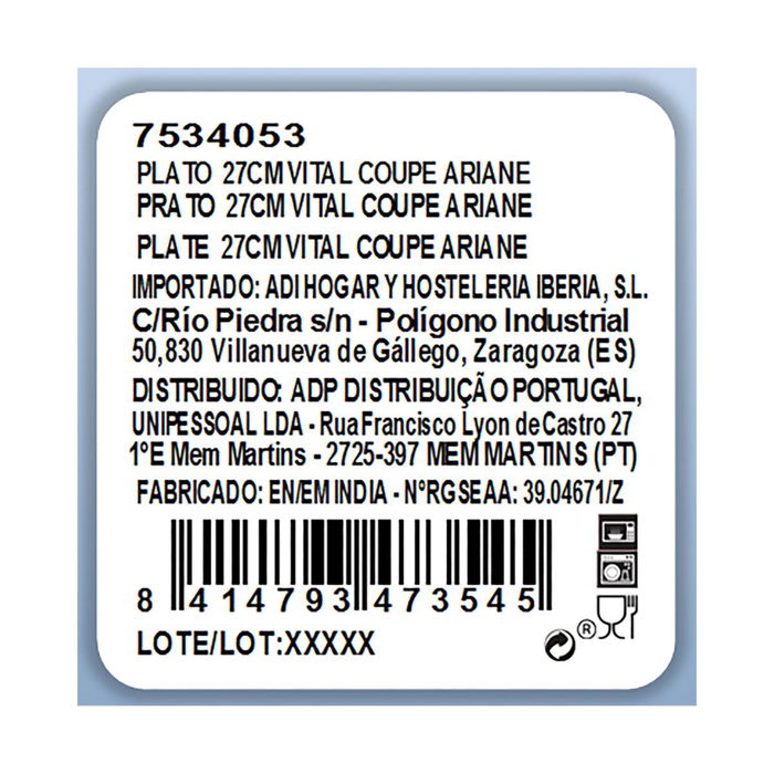 Plato Llano Porcelana Vital Coupe Ariane 27 cm