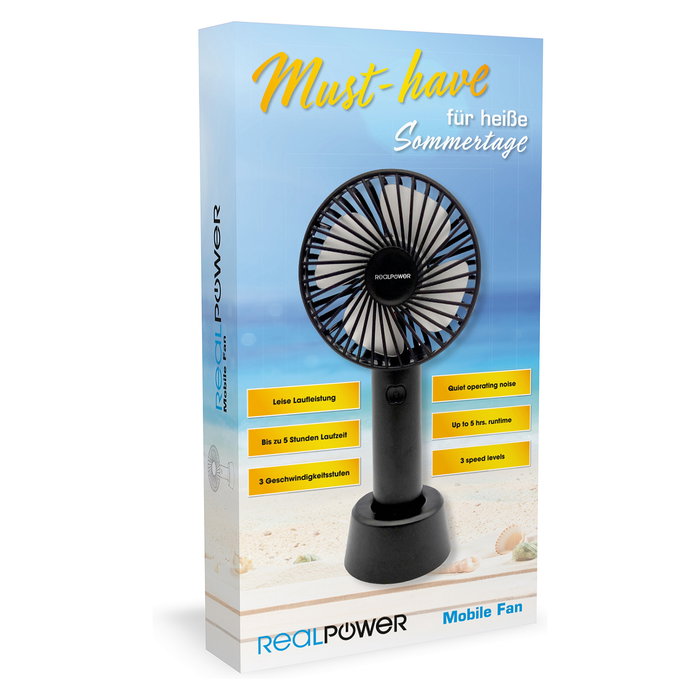 RealPower 303132 - Ventilador USB Portátil con Batería Recargable de 1200 mAh, 3 Velocidades, Negro, para Mesa, 106 x 65 x 210 mm