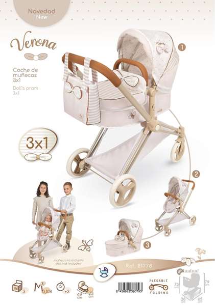 Verona Coche de Muñeca 3 en 1 Plegable para Muñecas hasta 50 cm - 79x65x38 cm