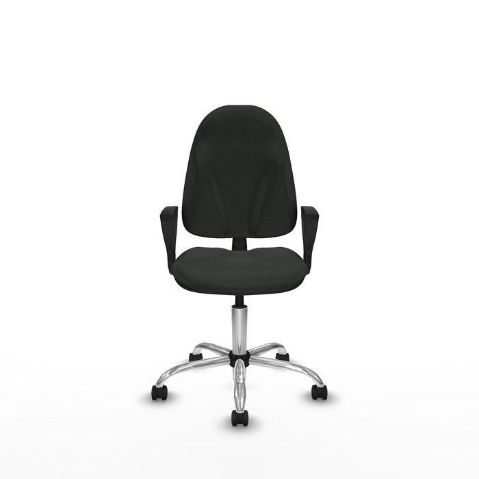 Silla de oficina Algarra con mecanismo Contacto permanente básico tapizada con Tela color Negro. Equipada con Base cromada, Brazos fijos y Ruedas de parqué