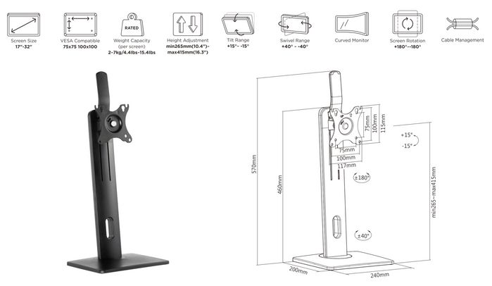 eSTUFF Soporte de Monitor Ergonómico de Escritorio para 1 Pantalla hasta 27" (VESA 100x100) - Ajustable en Altura, Inclinación, Giro y Rotación