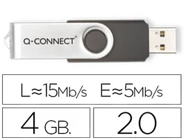 Q-connect Memoria USB Flash 4 GB 2.0 Negra con Protector Giratorio Metálico, Velocidad Lectura 15 MB/s, Escritura 5 MB/s