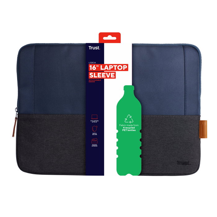 Trust Lisboa - Funda para portátil/tablet 16" (40.6 cm) - Sleeve acolchado color negro/azul, hecha con material reciclado PET - 24982