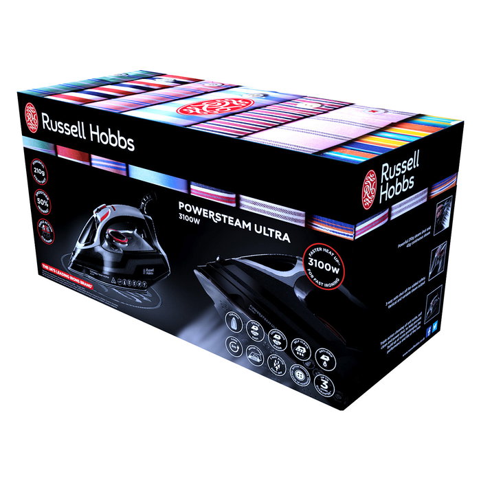 Russell Hobbs 20630-56 Plancha de Vapor Powerstream Ultra, Suela Cerámica, 3100 W, Vapor 210 g/min, Apagado Automático, Negro y Gris