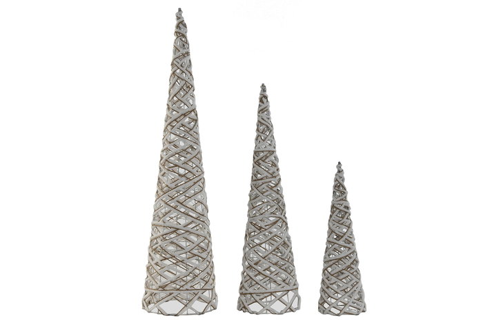 DKD Home Decor Cono Navidad Ratan LED Natural Blanco Set de 3 (2 Unidades) 80 cm