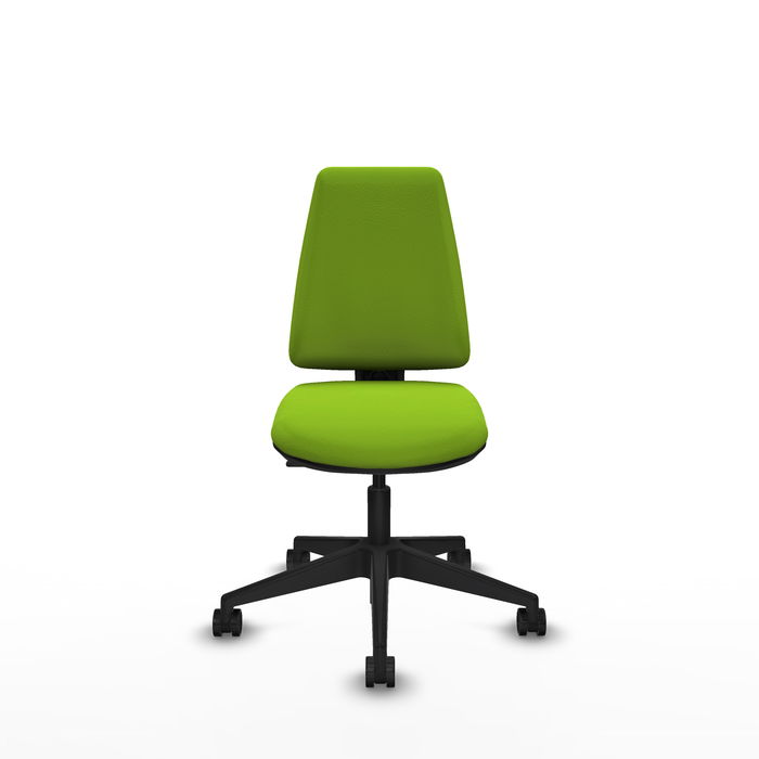 Silla de oficina Elche con mecanismo Contacto permanente básico tapizada con Similpiel color Pistacho. Equipada con Base piramidal negra, Sin brazos y Ruedas 65mm nailon