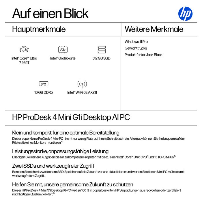 HP ProDesk 400 G1 Mini PC, Intel Core i7-265T, 16 GB RAM, 512 GB SSD, Windows 11 Pro, WLAN