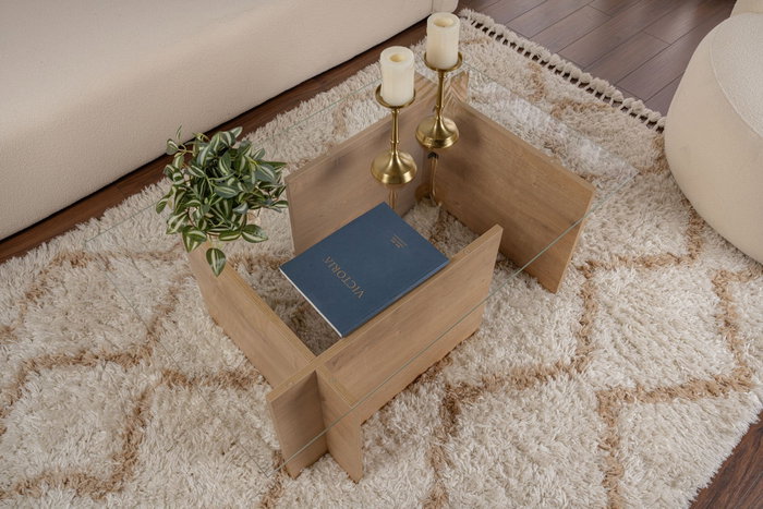 Nordure Mesa de Centro Vetrino Honey Oak Cristal Templado Tablero Melamina Roble Miel 105x65x40 cm