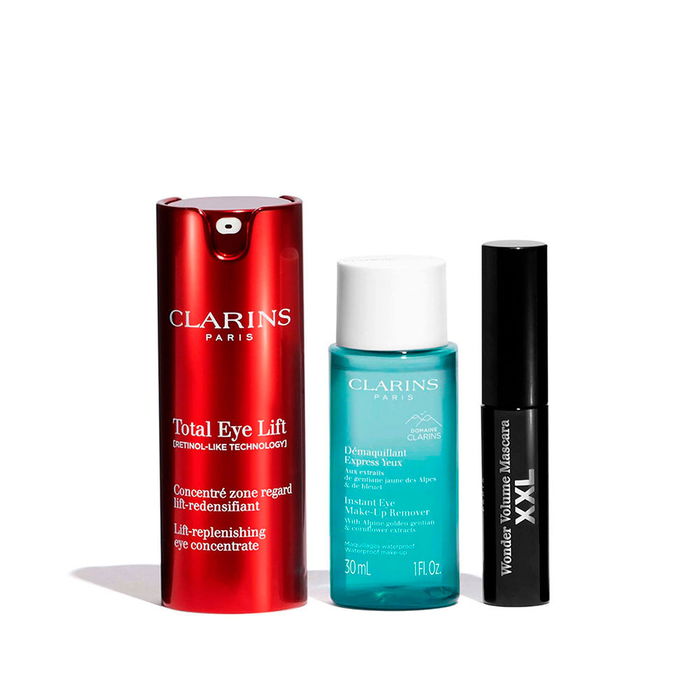 Clarins Total Eye Lift Estuche 4 pz Contorno Ojos 15 ml Desmaquillante Máscara Pestañas Neceser