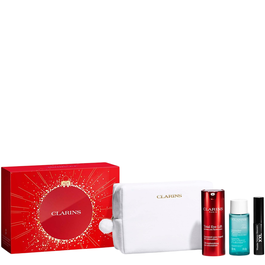 Set Clarins: Total Eye, Lift, Day, Eye Serum, 15 ml + Instant Eye, Makeup Remover Lotion, 30 ml + Wonder Volume, Volumising, Mascara, Black, 3 ml *Miniature + Clarins, Zippered, GWP Textile Pouch, White