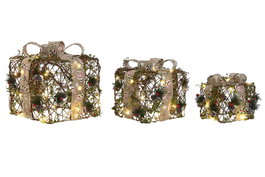 DKD Home Decor Set de 3 Piezas de Ratán con LED Verde y Beige