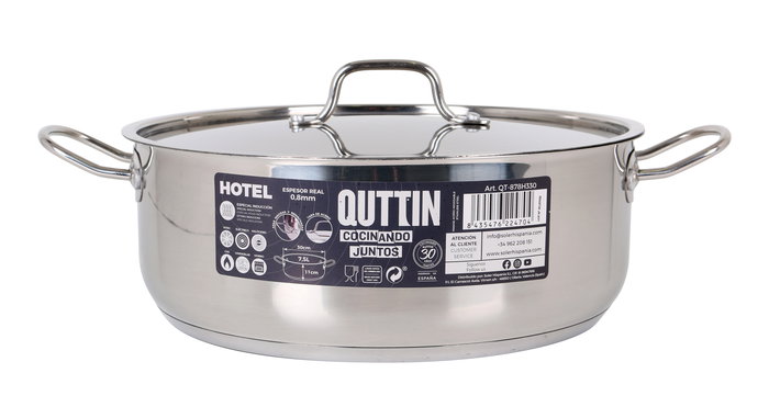 Quttin Cacerola con Tapa de Acero Inoxidable, 30 cm de Diámetro, 7.5 Litros de Capacidad, Espesor 0.8 mm (2 Unidades)