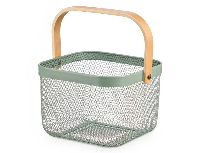 Kinvara Cesta Cuadrada con Asa Verde, de Metal y Madera, Dimensiones: 26.5 x 18 x 26 cm (Asa Levantada 30 cm) (Set de 12)