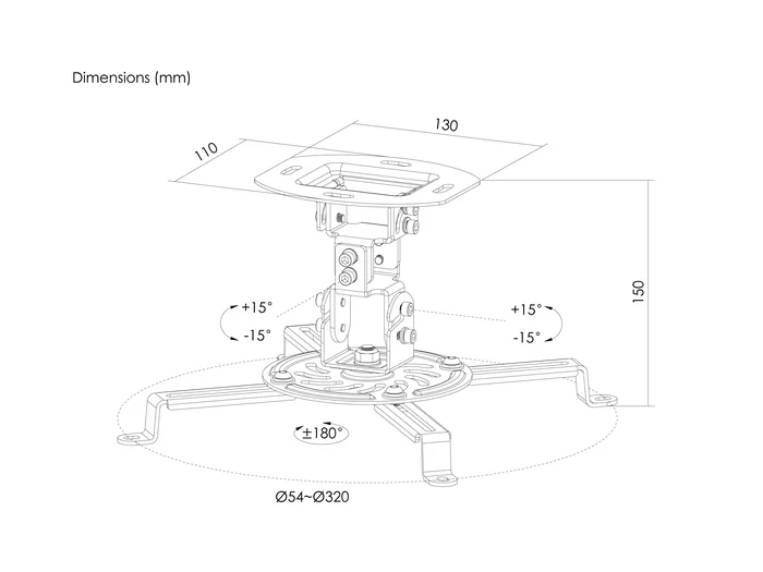 Equip 650705 Soporte de Montaje en Techo para Proyector - Hasta 13.5 kg, Negro, Inclinación -15° a +15°, Rotación 360°, Acero Inoxidable, Gestión de Cables