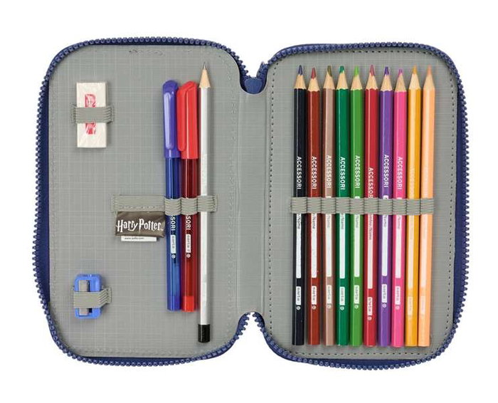 Safta Plumier Escolar Pedagógico Harry Potter Captain - 29 Piezas, Doble Cremallera, Dimensiones 195x125x40 mm