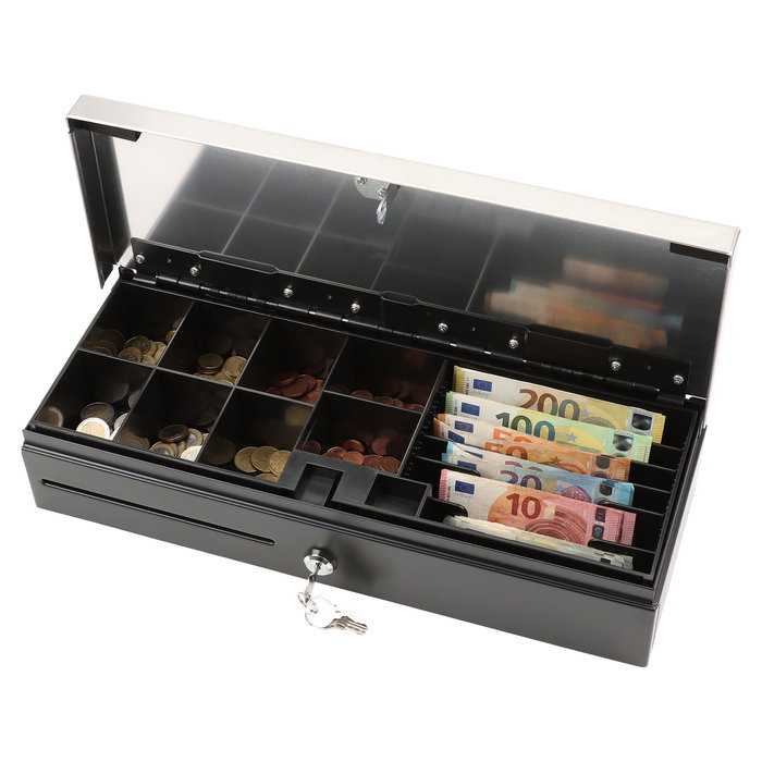 Olympia HS-170S Cajón de Caja Registradora Electrónico, con 6 Compartimentos para Billetes y 8 para Monedas, Negro/Acero Inoxidable, Compatible con Modelos 940, K200, T400 y Más