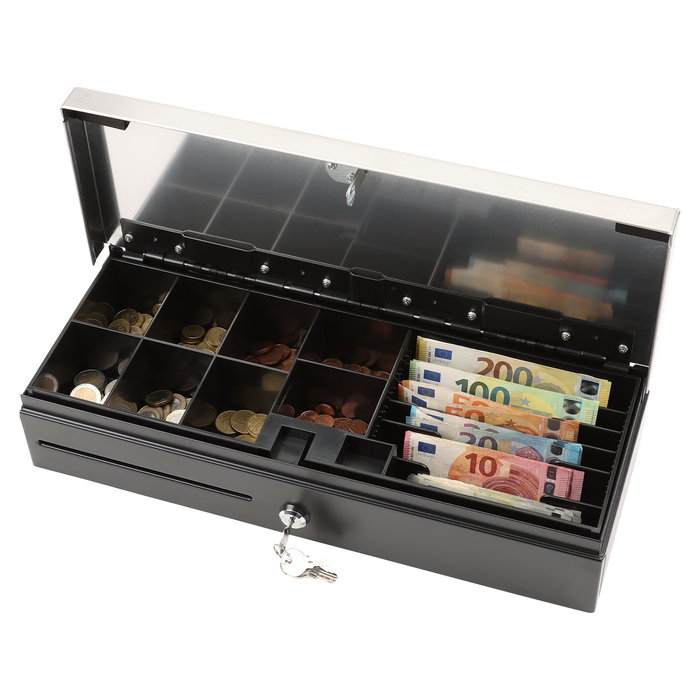 Olympia HS-170S Cajón de Caja Registradora Electrónico, con 6 Compartimentos para Billetes y 8 para Monedas, Negro/Acero Inoxidable, Compatible con Modelos 940, K200, T400 y Más