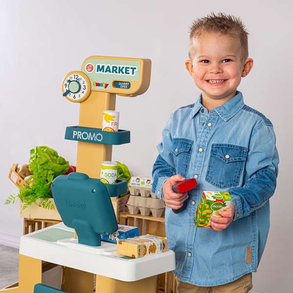 Smoby Supermercado con Carrito, Caja Registradora y 34 Accesorios, 89,6 x 48,9 x 38,50 cm, Español/Portugués