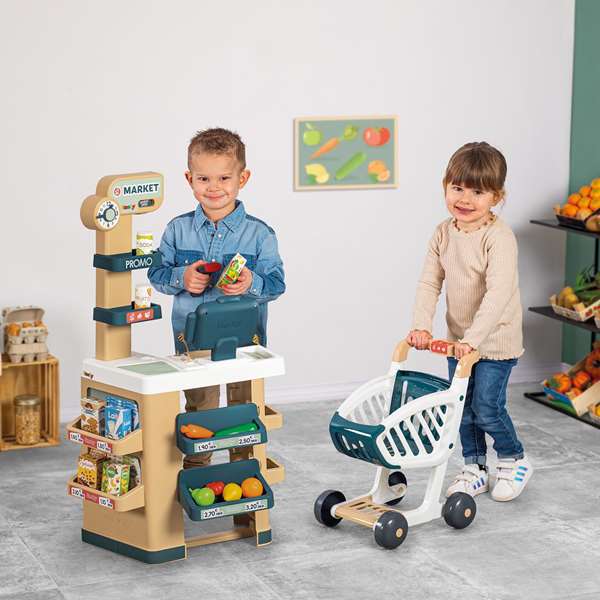 Smoby Supermercado con Carrito, Caja Registradora y 34 Accesorios, 89,6 x 48,9 x 38,50 cm, Español/Portugués