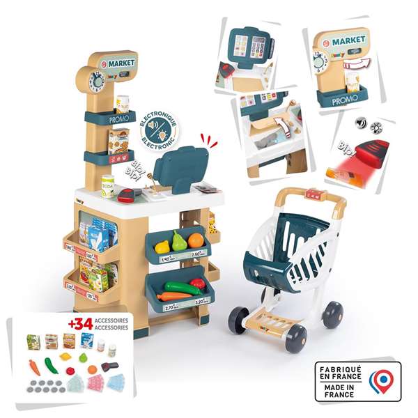 Smoby Supermercado con Carrito, Caja Registradora y 34 Accesorios, 89,6 x 48,9 x 38,50 cm, Español/Portugués
