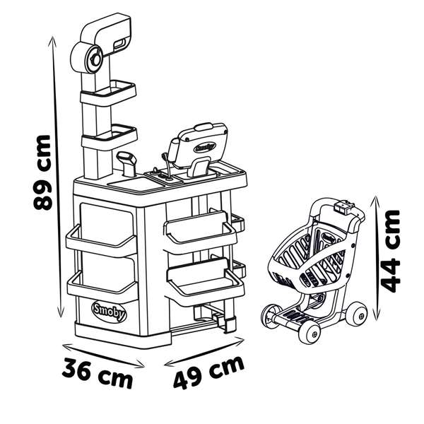 Smoby Supermercado con Carrito, Caja Registradora y 34 Accesorios, 89,6 x 48,9 x 38,50 cm, Español/Portugués
