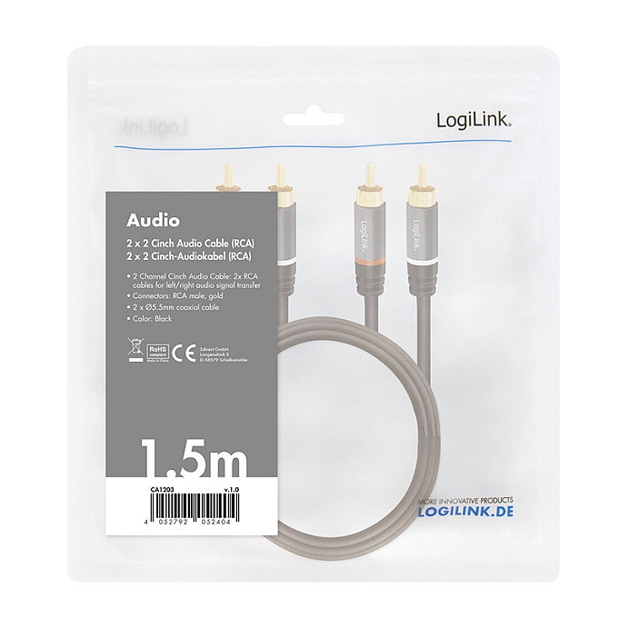 LogiLink Cable de Audio 2x RCA/M a 2x RCA/M, Negro, 1,5 m