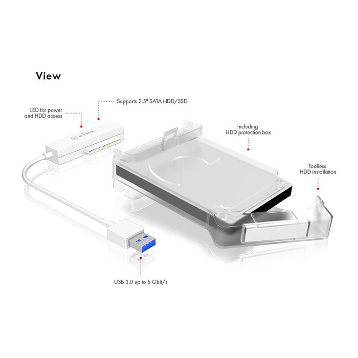 ICY BOX IB-AC703-U3 Carcasa para disco duro/SSD de 2.5" SATA a USB-A 3.0 con cable integrado y compatible con UASP