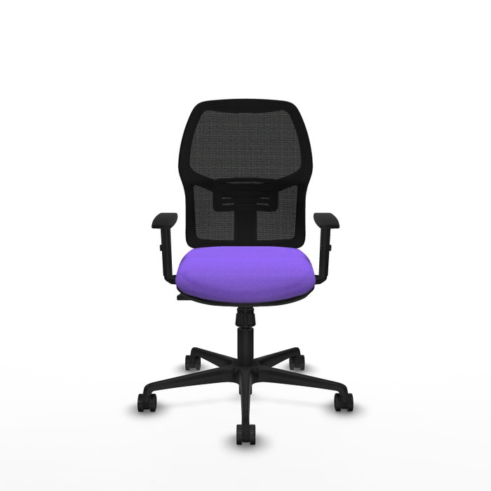 Silla de oficina Alfera con mecanismo Sincro tapizada con Tela color Lila y malla color Negro. Equipada con lumbar 1D, Brazos 1D y Ruedas 65mm nailon Silla de oficina Alfera con mecanismo Sincro tapizada con Tela color Lila y malla color Negro. Equipada con lumbar 1D, Brazos 1D y Ruedas 65mm nailon