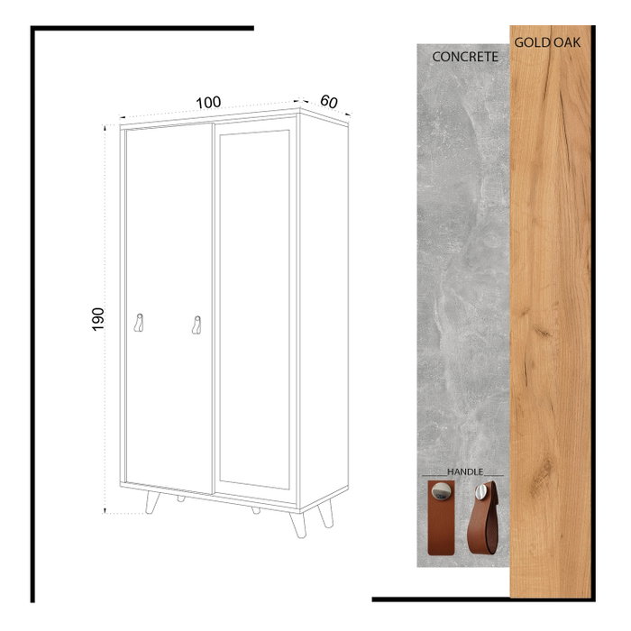 Hanah Home Rana Armario de Roble 100x190x60 cm con Espejo