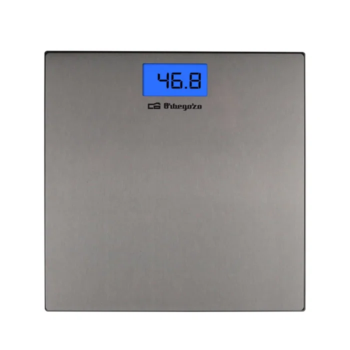 Orbegozo PB 2222 - Báscula de Baño Electrónica de Acero Inoxidable, Plataforma Grande, Hasta 150 kg, Pantalla LCD con Luz Azul, Encendido Táctil, Unidad kg/lb - Color Gris