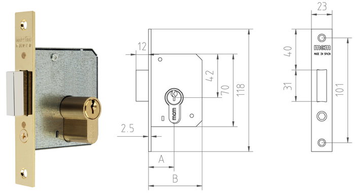 MCM Cerradura de embutir para madera 1512-2-45=45 latonada canto recto MCM Cerradura de embutir para madera 1512-2-45=45 latonada canto recto