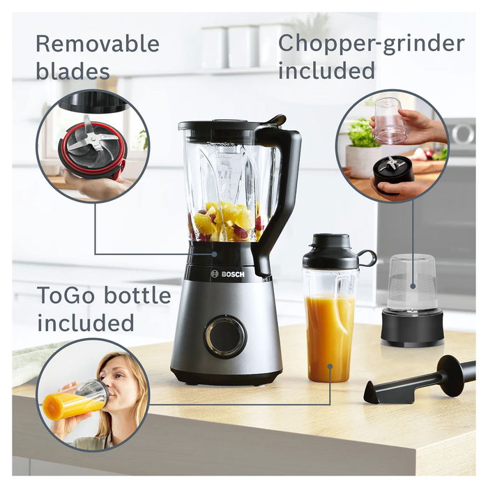 Bosch MMB6177S Batidora de Vaso Serie 4 VitaPower 1200 W Negro y Plata