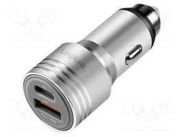 LogiLink Cargador de coche con 2 puertos y carga rápida de 20W, plateado