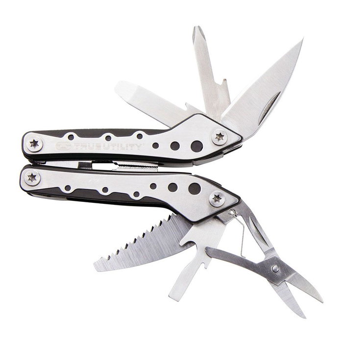 True - Multiherramienta 10 en 1 con acero inoxidable, incluye destornilladores, alicates, cuchillo, tijeras y estuche