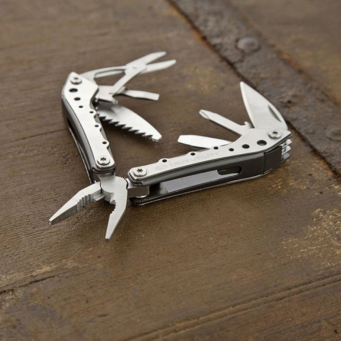 True - Multiherramienta 10 en 1 con acero inoxidable, incluye destornilladores, alicates, cuchillo, tijeras y estuche