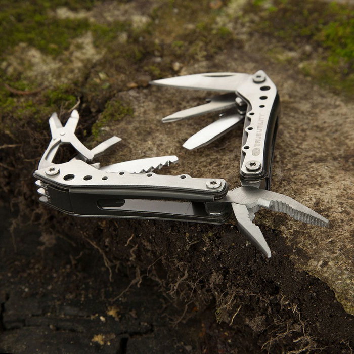 True - Multiherramienta 10 en 1 con acero inoxidable, incluye destornilladores, alicates, cuchillo, tijeras y estuche