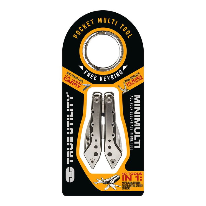 True - Multiherramienta 10 en 1 con acero inoxidable, incluye destornilladores, alicates, cuchillo, tijeras y estuche