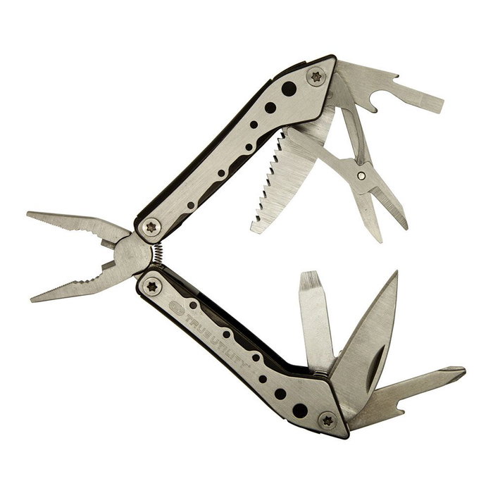 True - Multiherramienta 10 en 1 con acero inoxidable, incluye destornilladores, alicates, cuchillo, tijeras y estuche