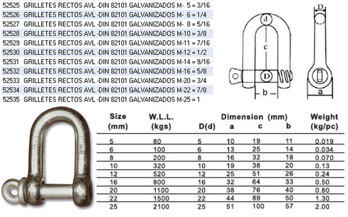 Grilletes rectos DIN 82101 galvanizados M-22 = 7/8 Grilletes rectos DIN 82101 galvanizados M-22 = 7/8