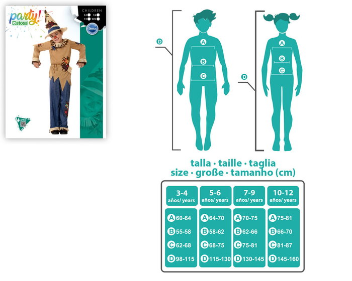 Otros Disfraz Espantapájaros del Mago de Oz para Niño 7-9 Años - Disfraz Infantil de Fantasía con Sombrero, Camiseta de Flecos y Pantalón