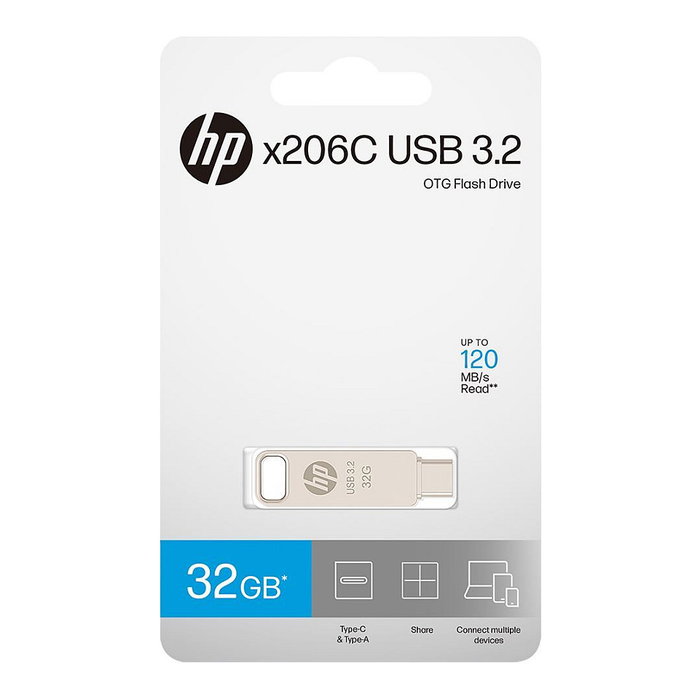 HP USB Flash Drive x206C 32 GB USB 3.2 Gen 1 Swivel Metal Plata Velocidad 120 MB/s con Conector USB-A y USB-C (HPFD206C-A-32)