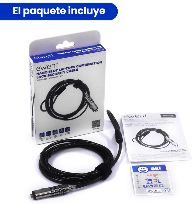 Ewent EW1238 Cable de Seguridad con Combinación Nano, 1.8 m, Negro