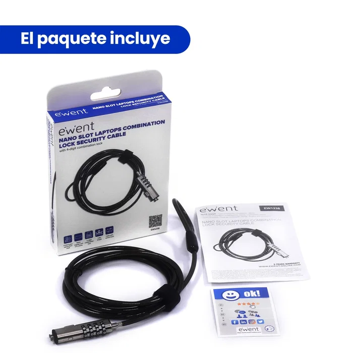 Ewent EW1238 Cable de Seguridad para Portátil con Combinación de 4 Dígitos y Candado de Acero, 1.8 Metros