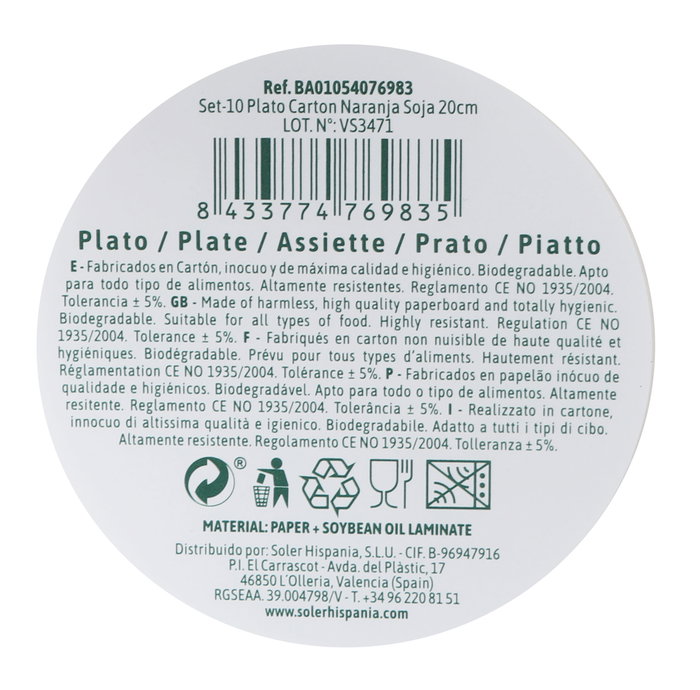 Algon Set 10 Platos Cartón Naranja Soja 21 cm x 21 cm x 1.5 cm (24 Unidades)