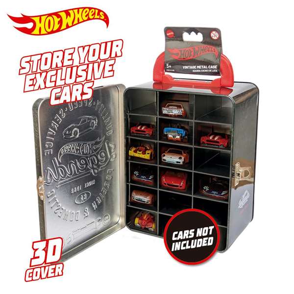 Hot Wheels Maletín Metálico Vintage para 18 Coches con Parrilla Organizadora Interior - Modelos Surtidos